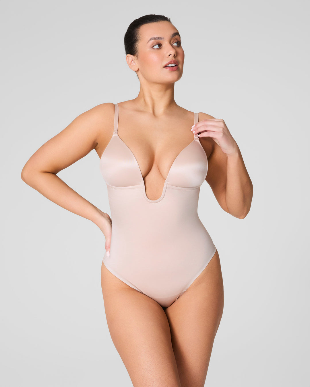 Suit Your Fancy Plunge Low-Back Thong Bodysuit