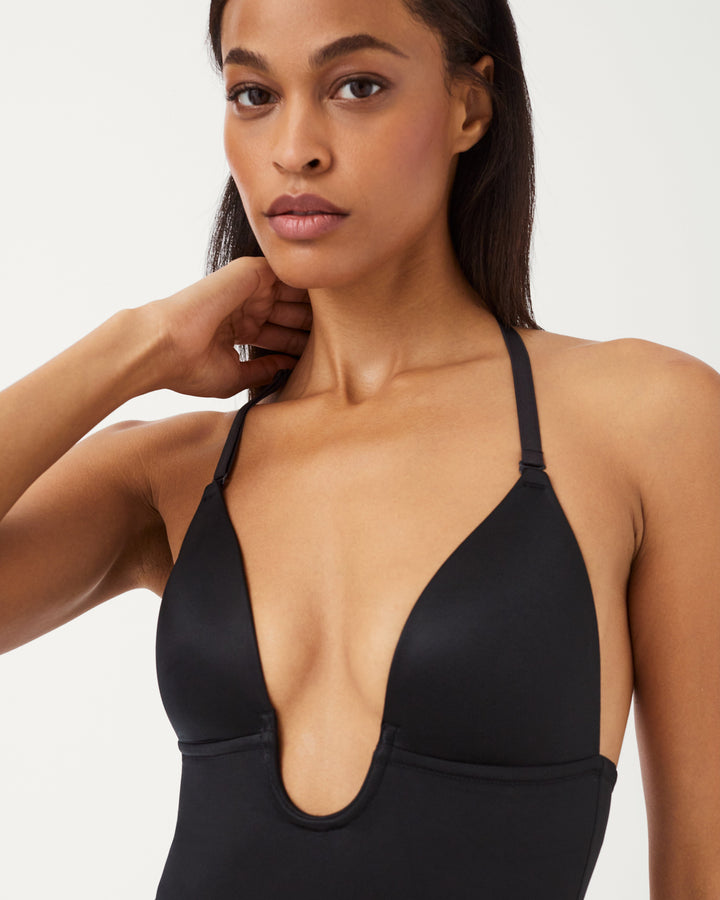 Suit Your Fancy Plunge Low-Back Thong Bodysuit