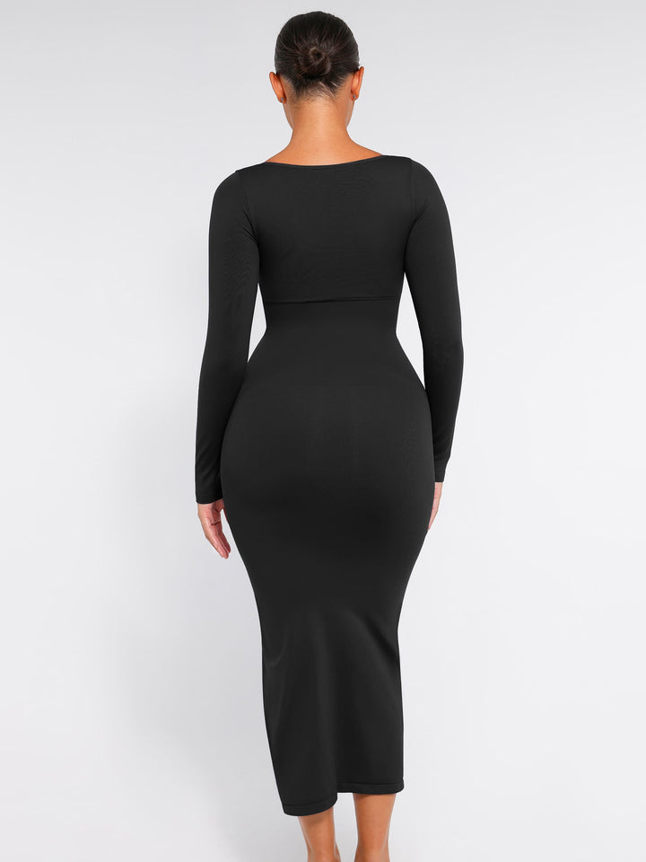 Seamless Long Sleeve Shaper Dress with Removable Pads and High Slit