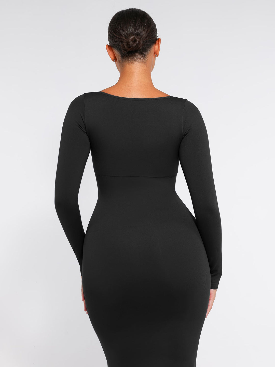 Seamless Long Sleeve Shaper Dress with Removable Pads and High Slit