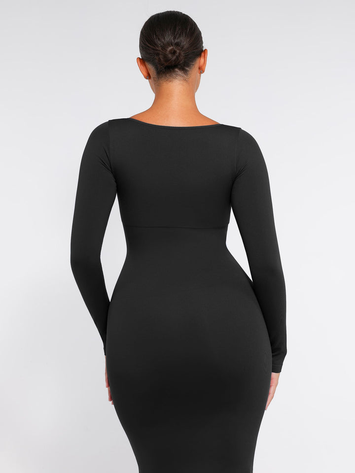 Seamless Long Sleeve Shaper Dress with Removable Pads and High Slit