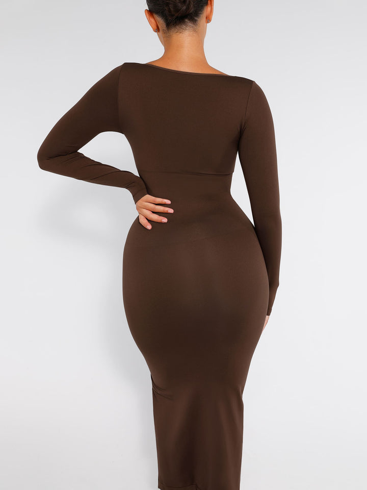Seamless Long Sleeve Shaper Dress with Removable Pads and High Slit