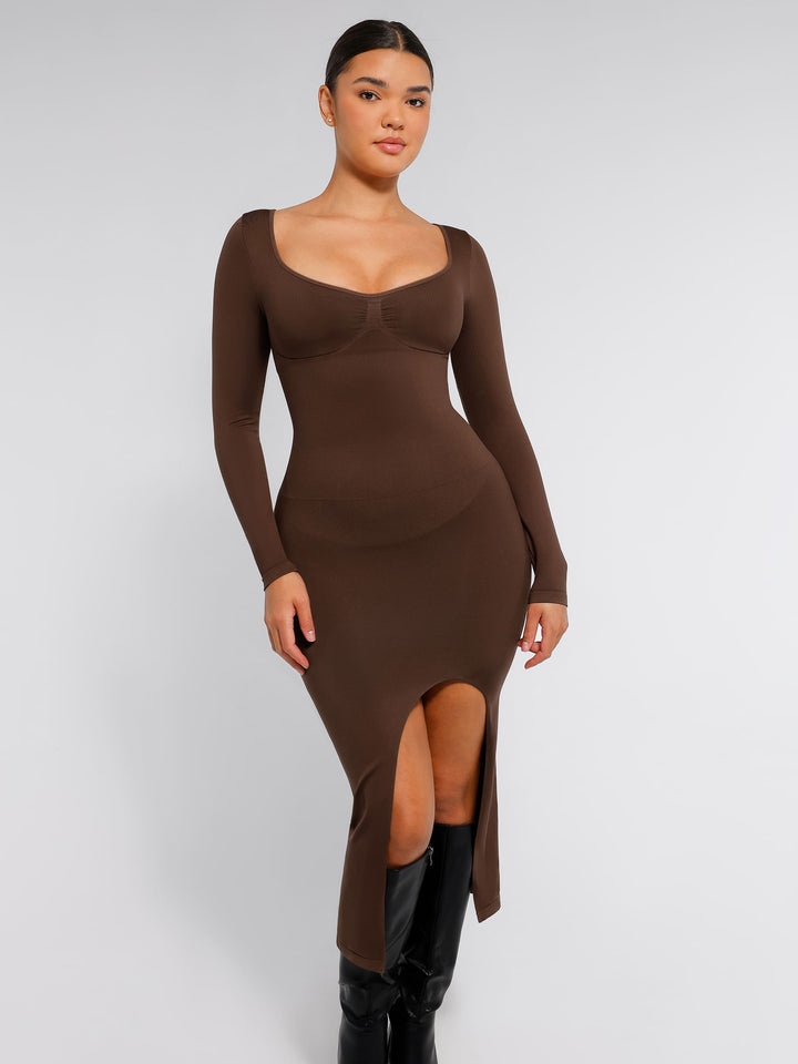 Seamless Long Sleeve Shaper Dress with Removable Pads and High Slit
