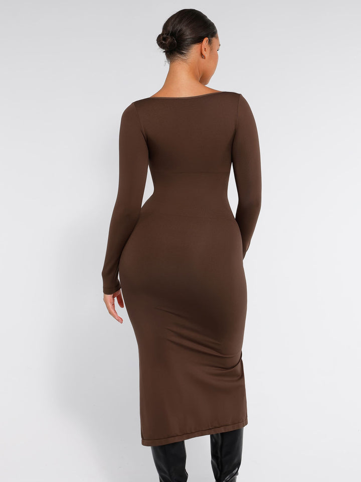Seamless Long Sleeve Shaper Dress with Removable Pads and High Slit
