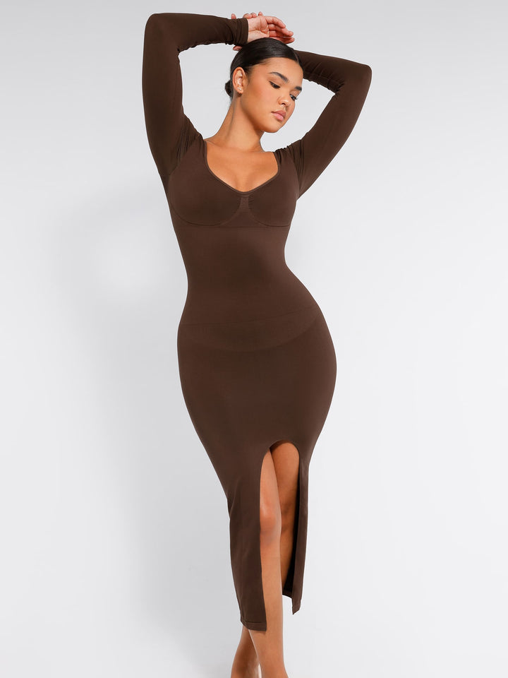 Seamless Long Sleeve Shaper Dress with Removable Pads and High Slit