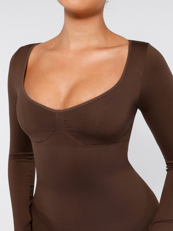 Seamless Long Sleeve Shaper Dress with Removable Pads and High Slit