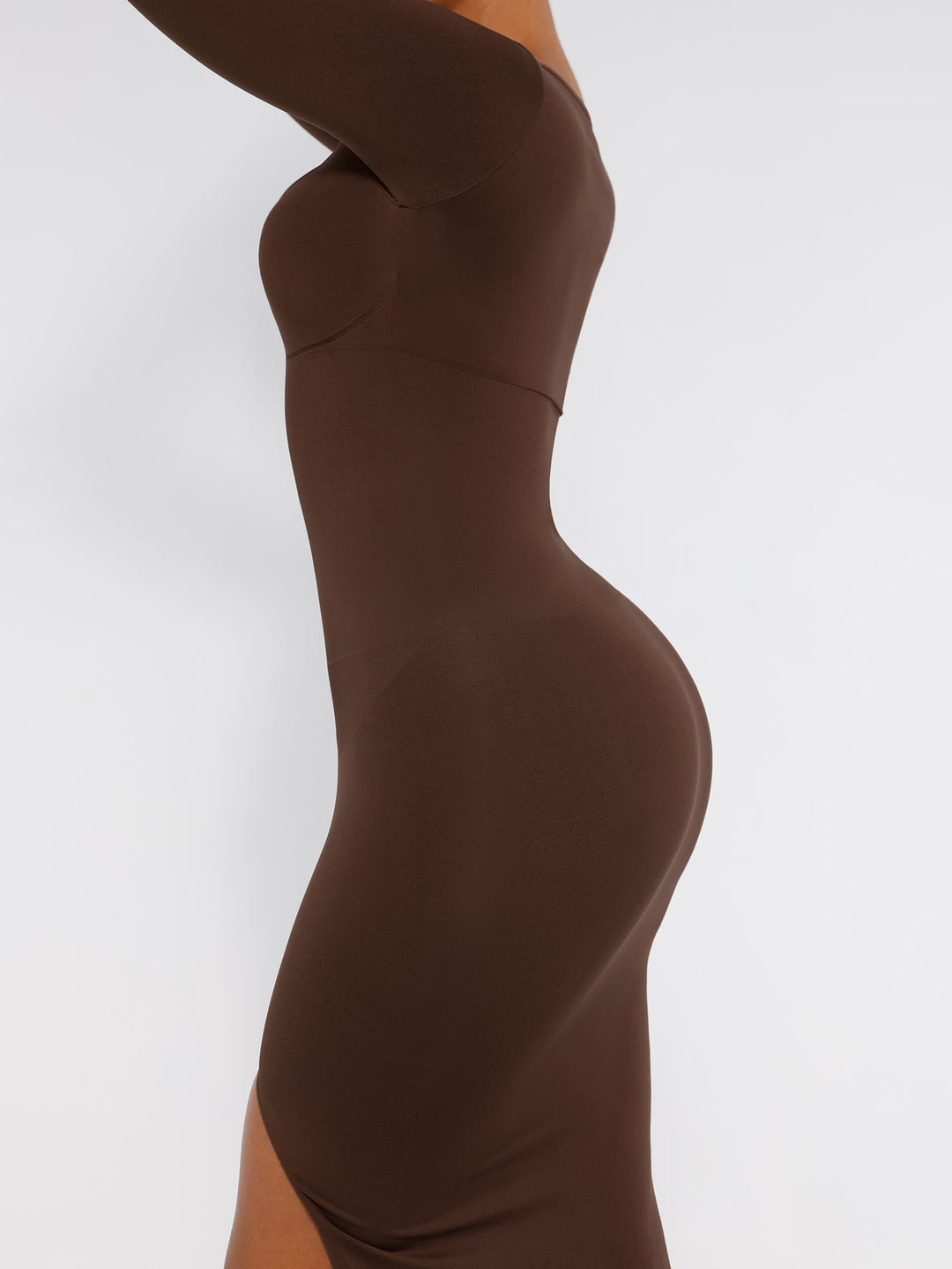 Seamless Long Sleeve Shaper Dress with Removable Pads and High Slit