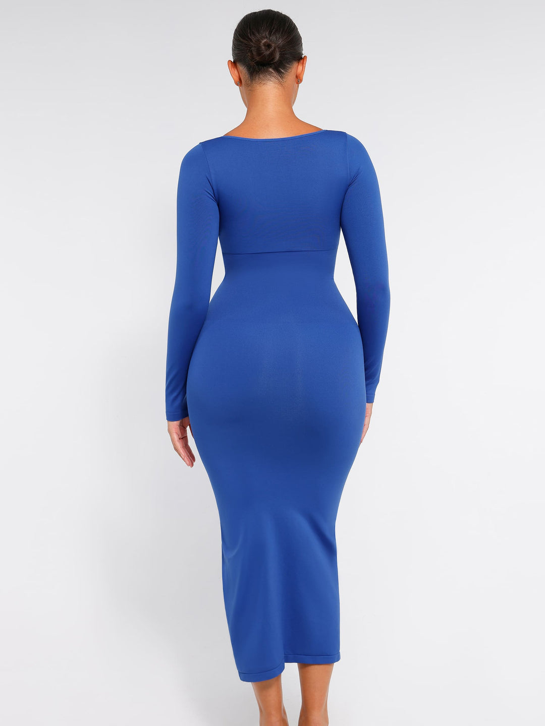 Seamless Long Sleeve Shaper Dress with Removable Pads and High Slit