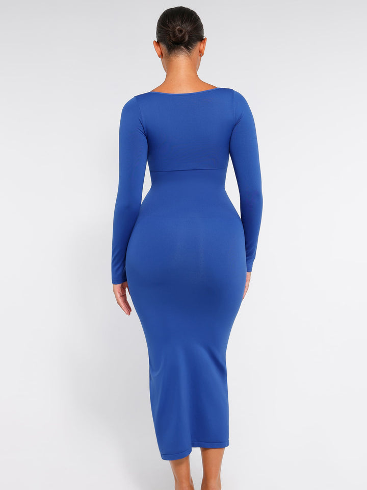 Seamless Long Sleeve Shaper Dress with Removable Pads and High Slit