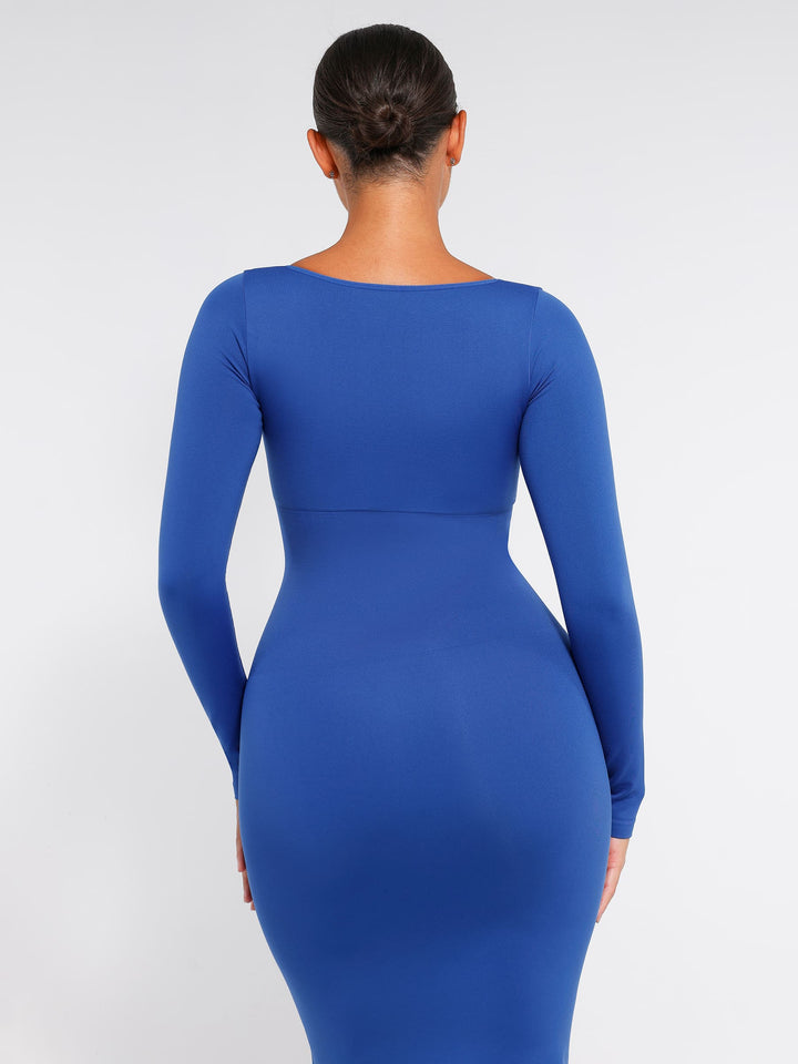 Seamless Long Sleeve Shaper Dress with Removable Pads and High Slit