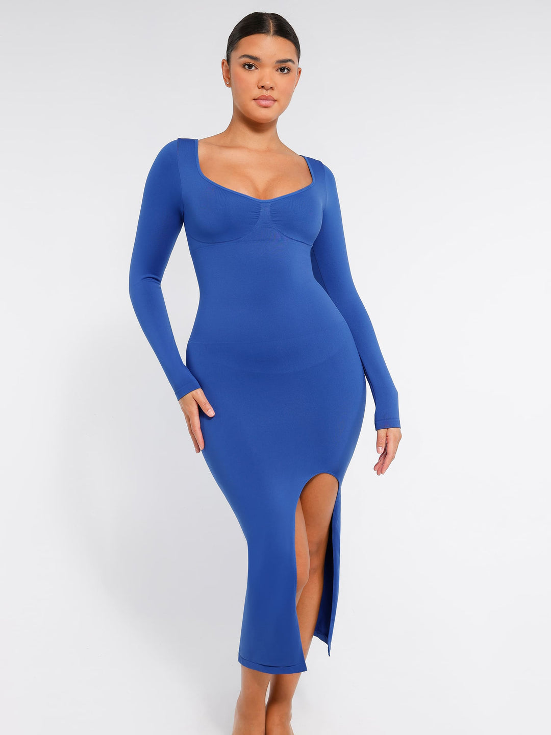 Seamless Long Sleeve Shaper Dress with Removable Pads and High Slit