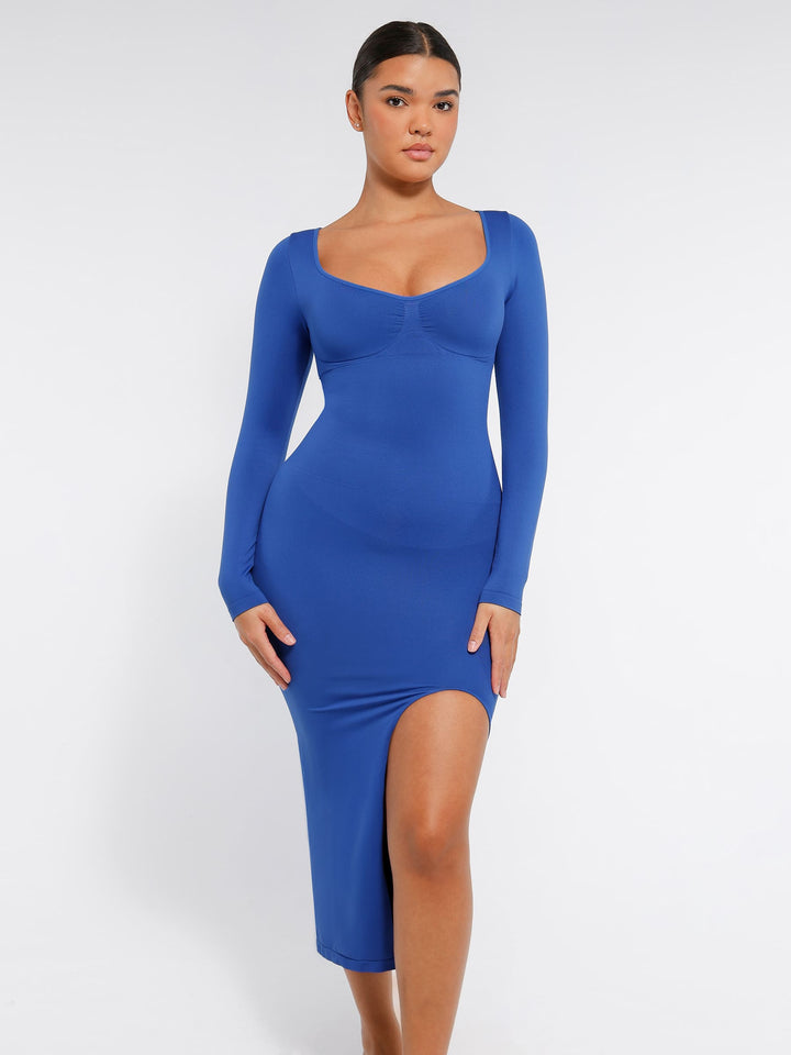 Seamless Long Sleeve Shaper Dress with Removable Pads and High Slit
