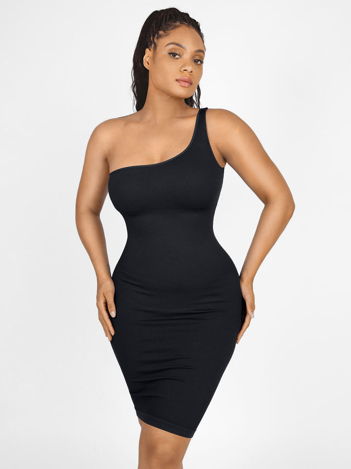 Seamless Eco-Friendly One-Shoulder Shaper Dress with Built-In Bra